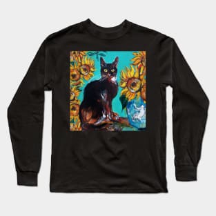 SUNFLOWERS WITH BLACK CAT IN BLUE TURQUOISE YELLOW COLORS Long Sleeve T-Shirt